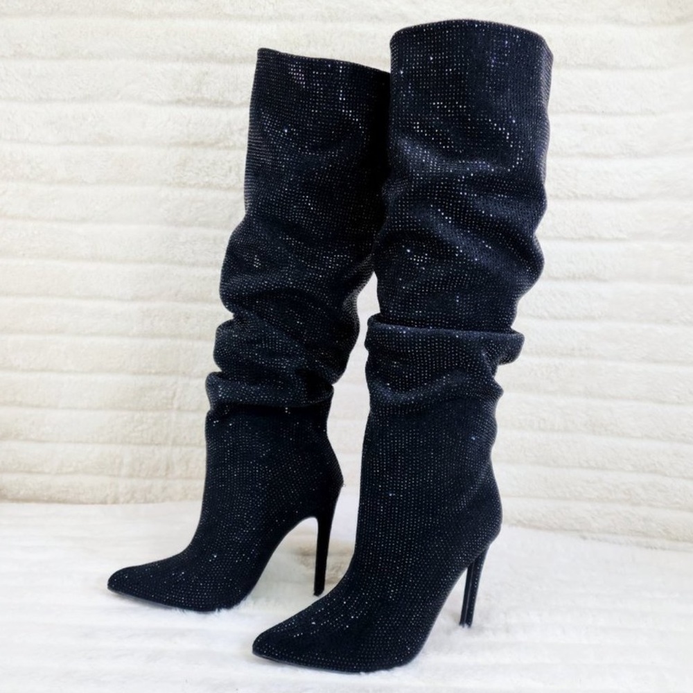 Black slouch rhinestone boots